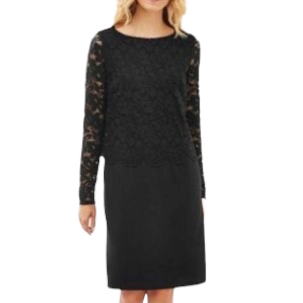 J. Jill Wearever Dress Women Black Excellent Lace Overlay Long Sleeve Sheath Sml
